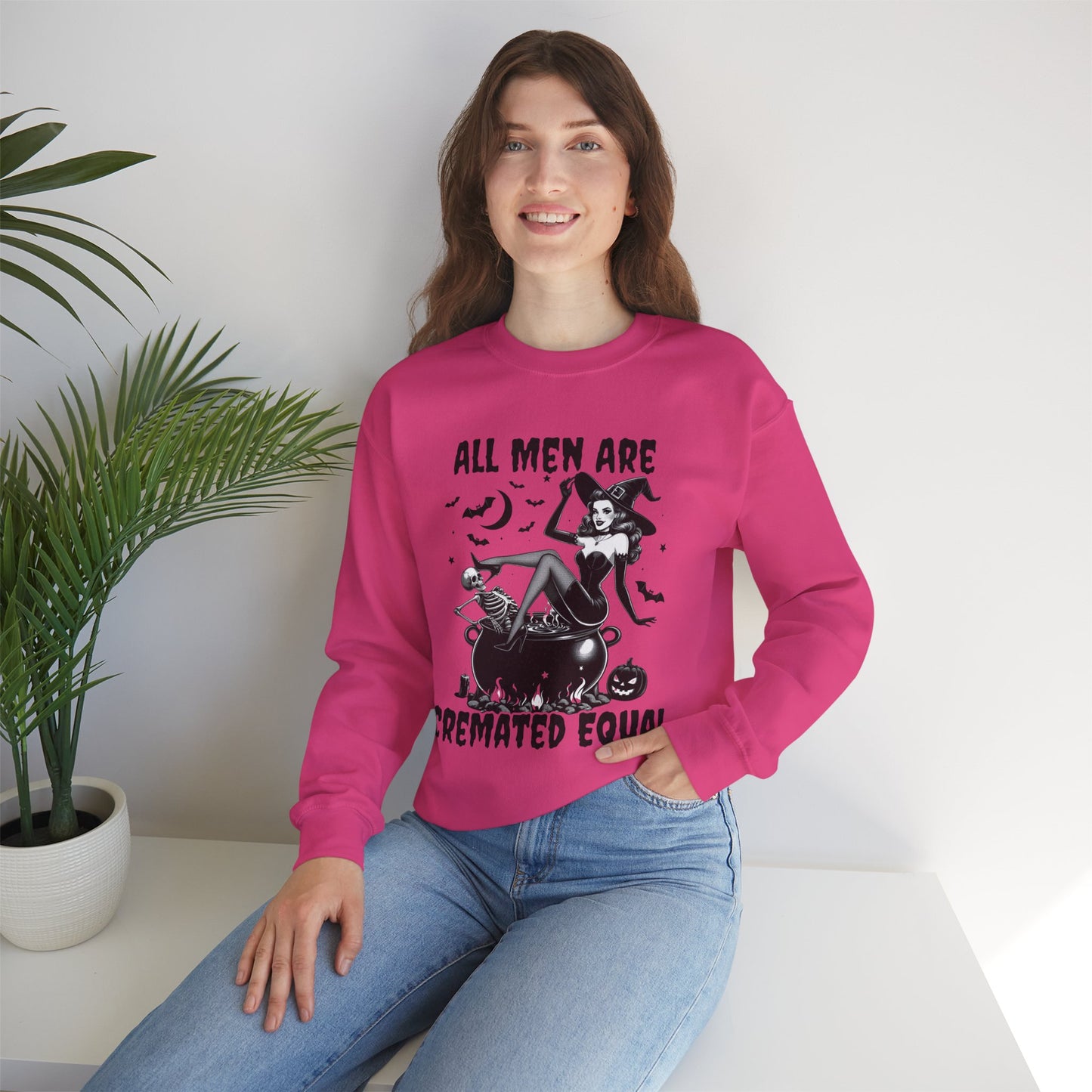 Funny Halloween Witch Shirt for Women, All Men Are Cremated Equal Vintage Pinup Graphic Tee, Halloween Witch Sweatshirt, Cozy Unisex Pullover, Fall Fashion, Halloween Gift, Creepy Cute Apparel
