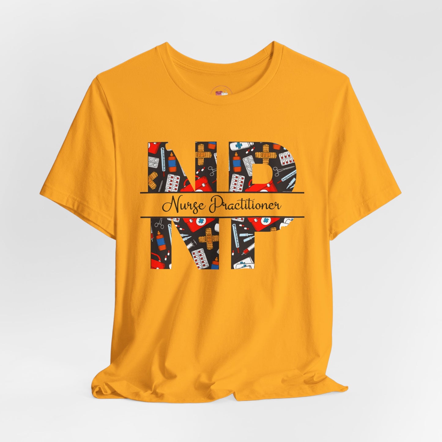 Yellow t-shirt with colorful 'NP' design and 'Nurse Practitioner' text on a white background