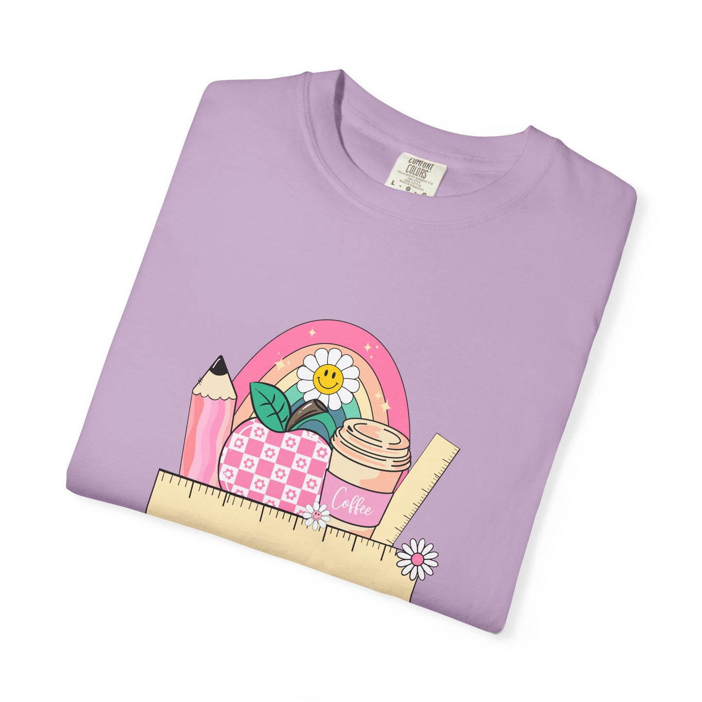 Personalized Teacher Shirt with Coffee Cup Pencil Ruler Apple and Rainbow, Back to School Cute Teacher Gift, Graphic Tee for Educators, Inspirational Casual Top