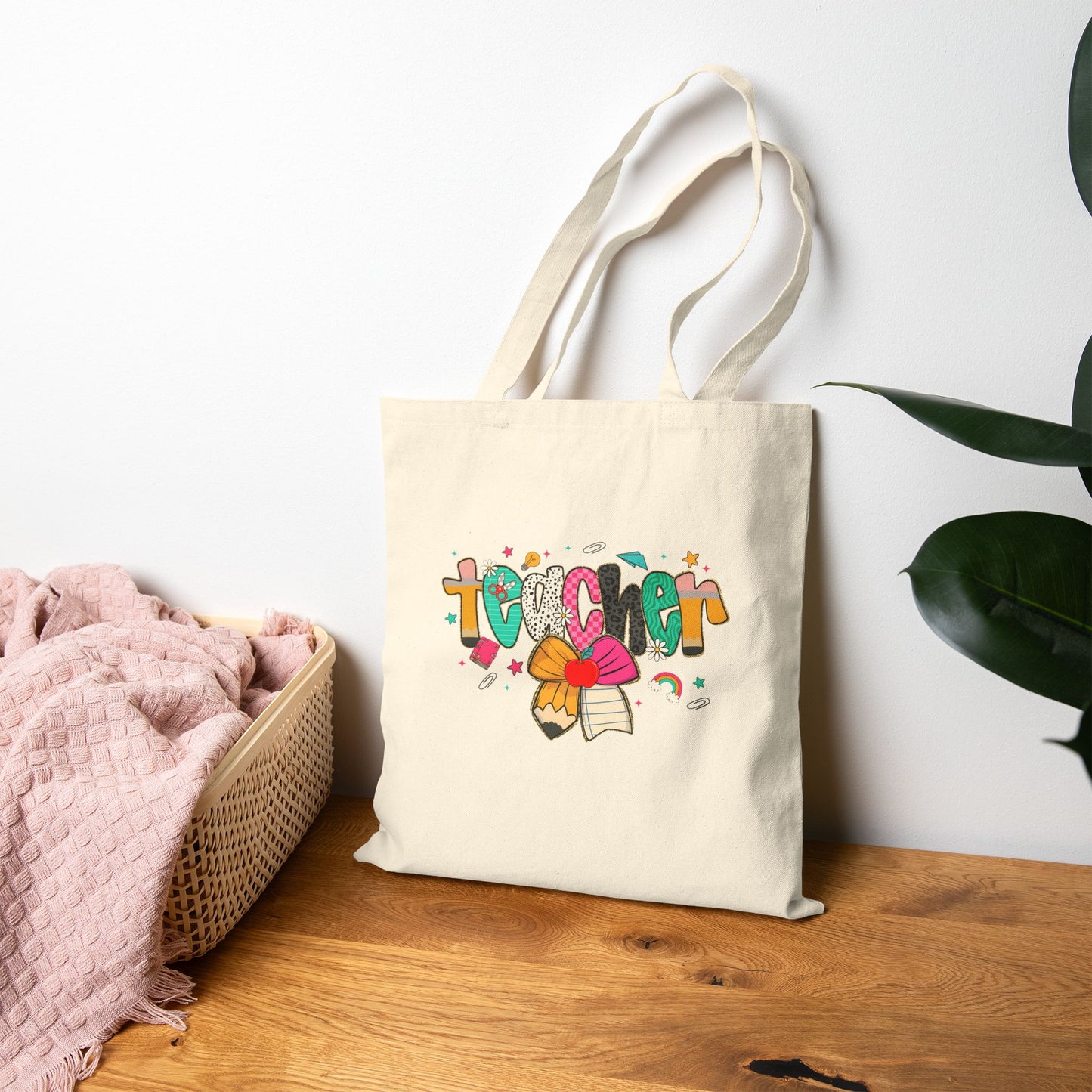 Colorful Teacher Tote Bag with Pencil, Apple Bow Design, Cute Canvas Gift for Educators, Back to School Teacher Appreciation Bag