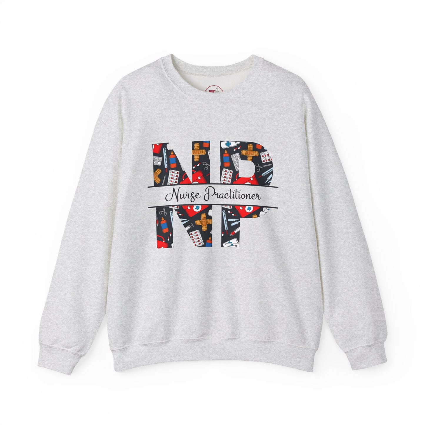 Gray sweatshirt with colorful 'Nurse Practitioner NP' design on a white background