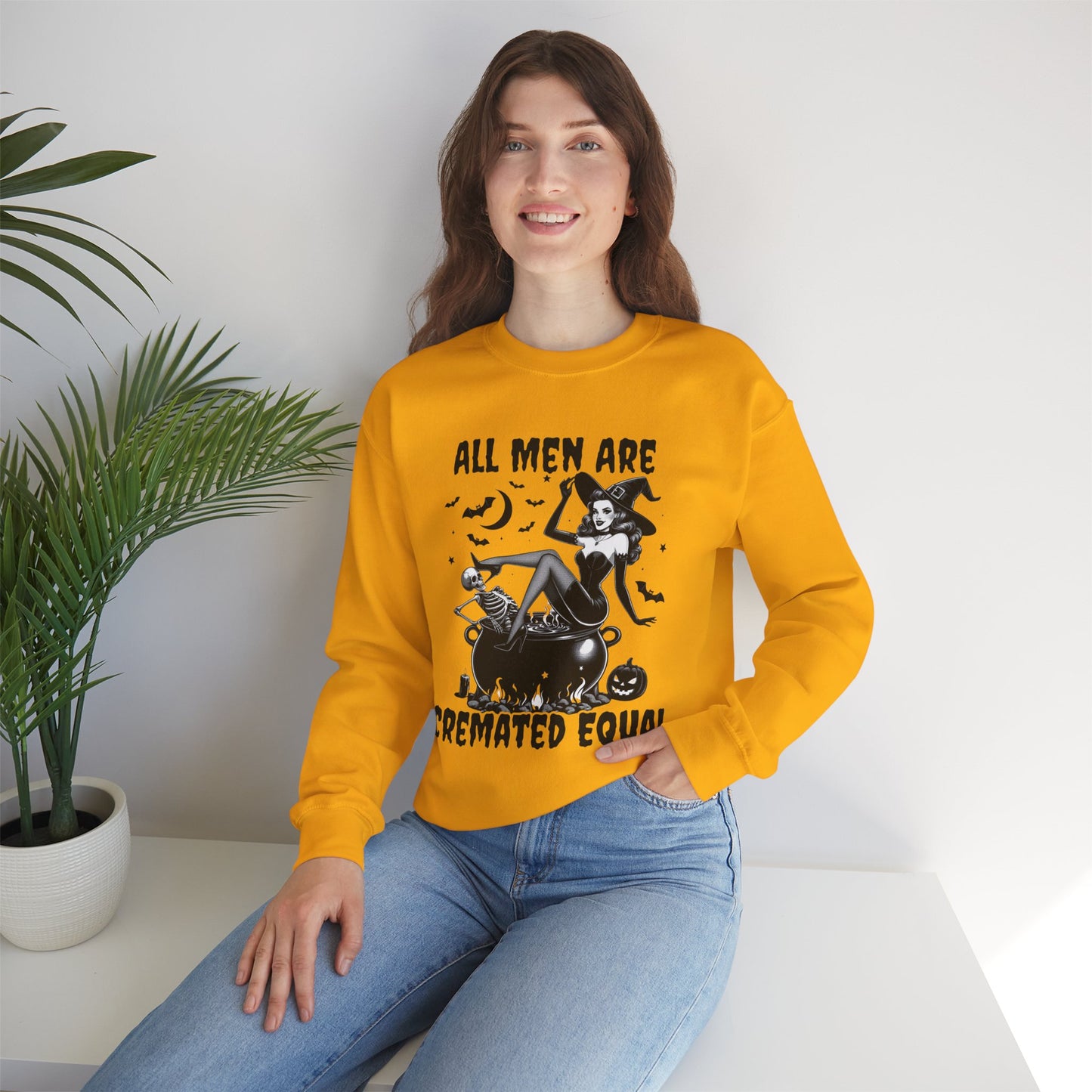 Funny Halloween Witch Shirt for Women, All Men Are Cremated Equal Vintage Pinup Graphic Tee, Halloween Witch Sweatshirt, Cozy Unisex Pullover, Fall Fashion, Halloween Gift, Creepy Cute Apparel