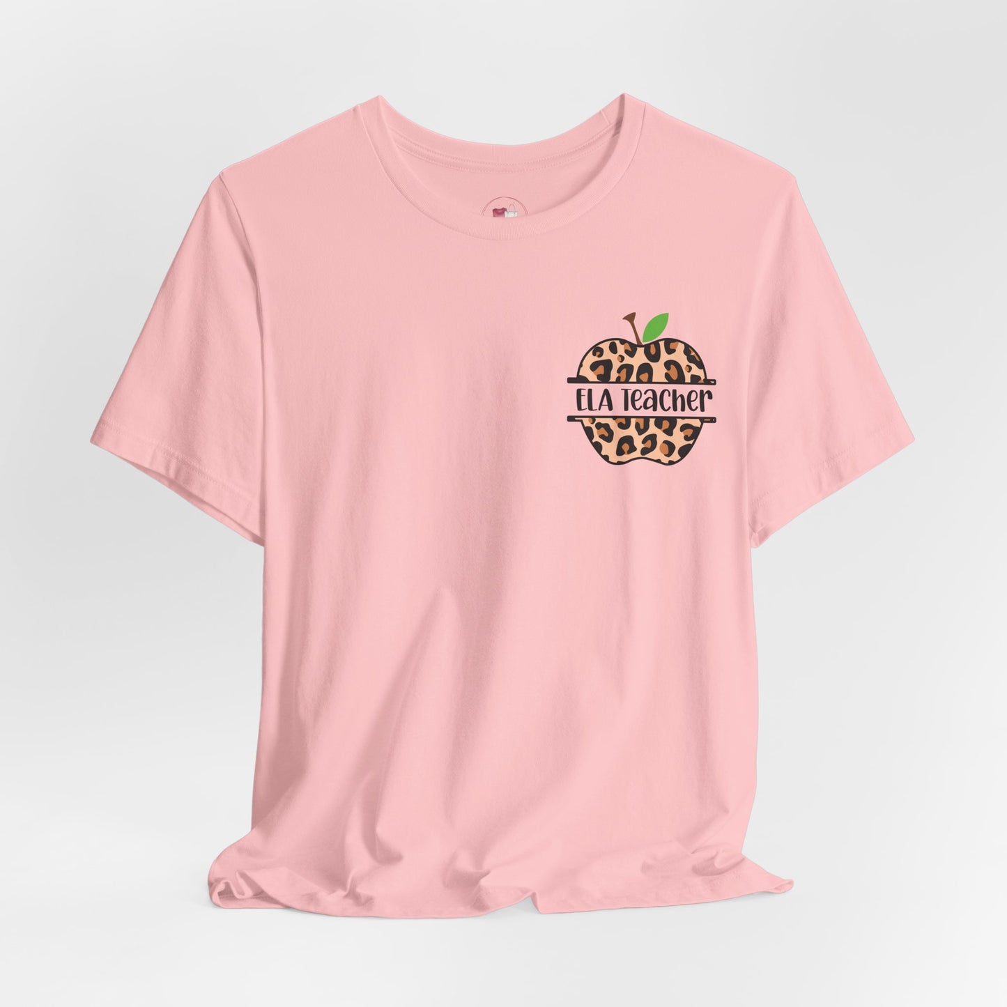 Personalized ELA Teacher Leopard Print Tee, Unisex Short Sleeve Shirt for women, Gifts for Educators, Back to School Apparel, Apple T-shirt, Classroom Outfit