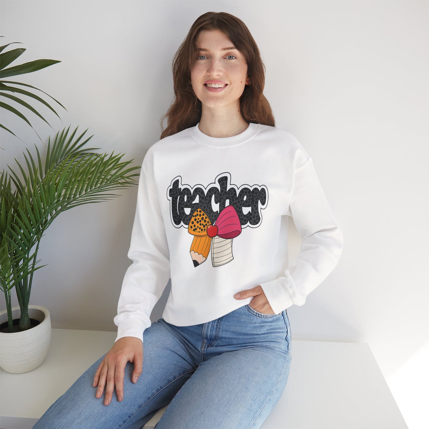 Cute Teacher Sweatshirt with Pencil Bow Graphic for Women – Back to School Teacher Crewneck Gift – Comfy Teacher Appreciation Shirt