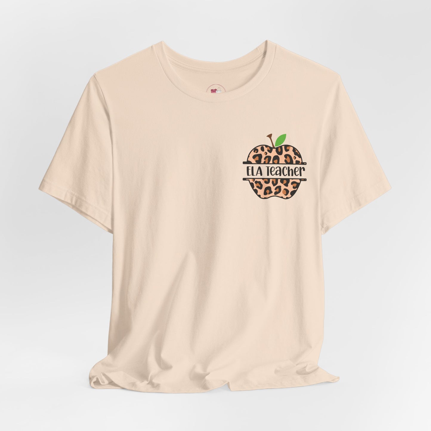 Personalized ELA Teacher Leopard Print Tee, Unisex Short Sleeve Shirt for women, Gifts for Educators, Back to School Apparel, Apple T-shirt, Classroom Outfit
