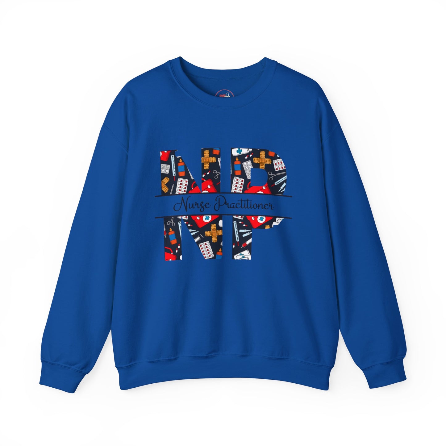 Blue sweatshirt with colorful 'NP' design and text on a white background