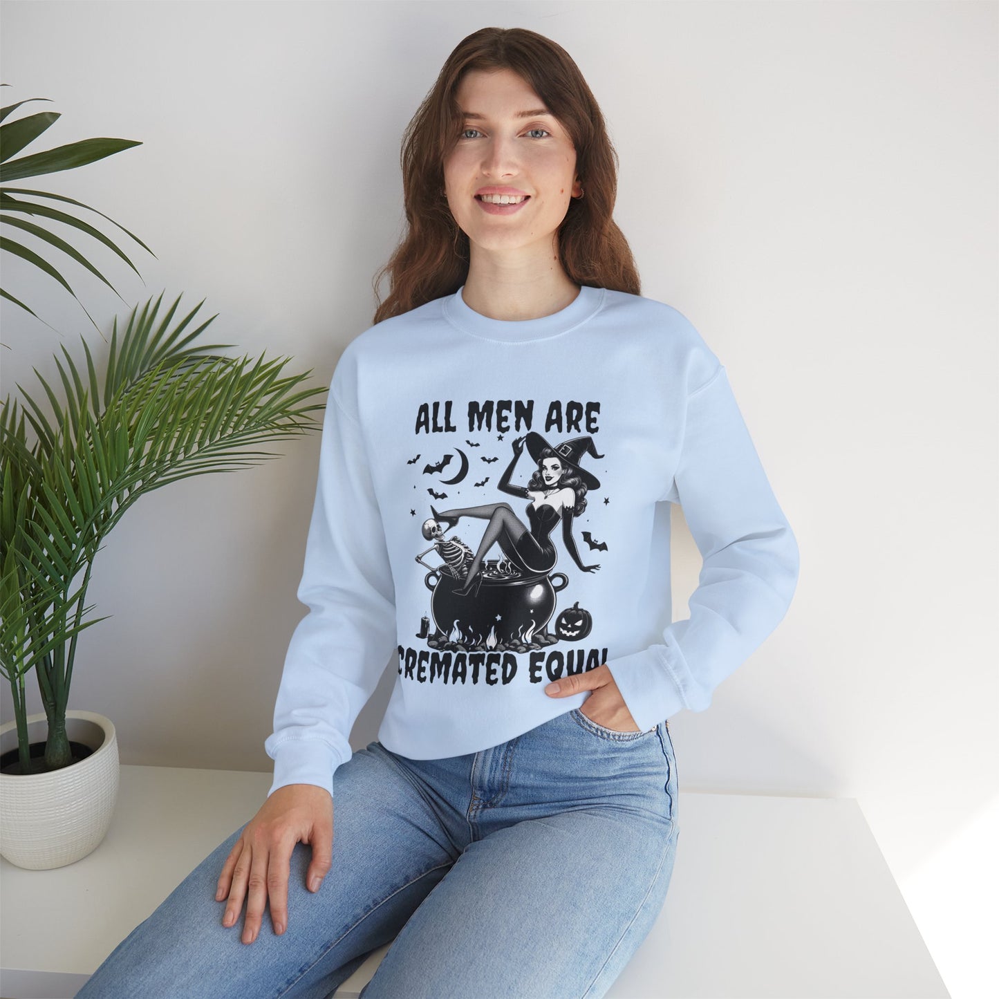 Funny Halloween Witch Shirt for Women, All Men Are Cremated Equal Vintage Pinup Graphic Tee, Halloween Witch Sweatshirt, Cozy Unisex Pullover, Fall Fashion, Halloween Gift, Creepy Cute Apparel