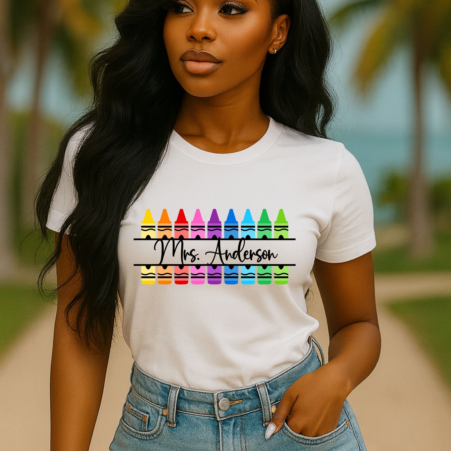 Personalized Teacher Crayon Shirt with Custom Name, Rainbow Back to School T-Shirt, Kindergarten Preschool Teacher Gift Tee