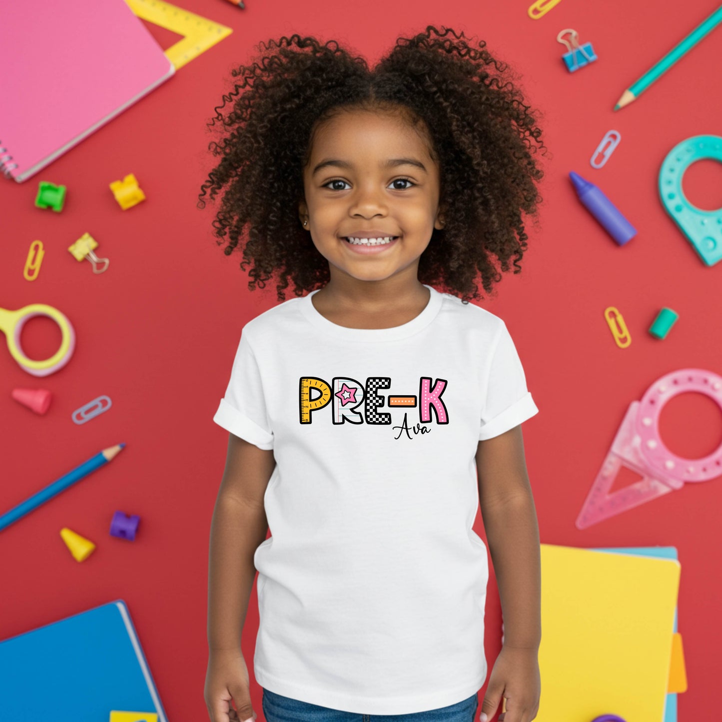 Personalized Girls +Back to School Shirt for Pre-K Kindergarten First Second Third and Fourth Grade with Fun Graphic Design, Fun Kids Shirt, Colorful Kids Clothing