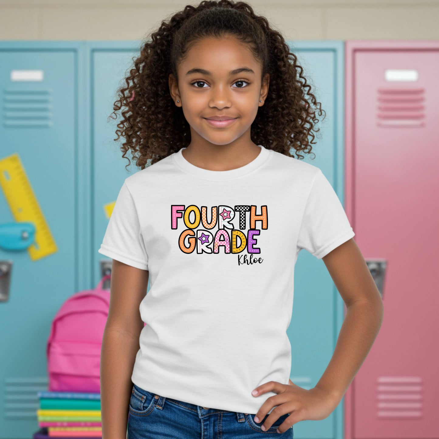 Personalized Girls +Back to School Shirt for Pre-K Kindergarten First Second Third and Fourth Grade with Fun Graphic Design, Fun Kids Shirt, Colorful Kids Clothing