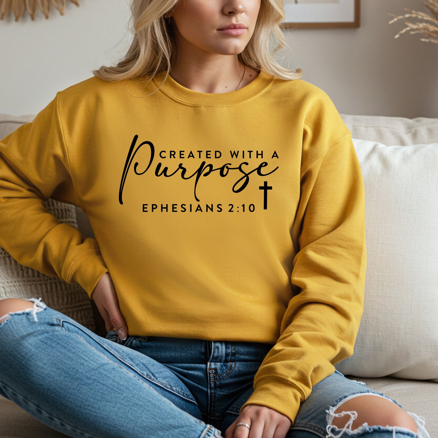 Christian Sweatshirt Created With A Purpose Ephesians 2:10 Scripture Pullover Faith Based Bible Verse Sweater Religious Gift Unisex