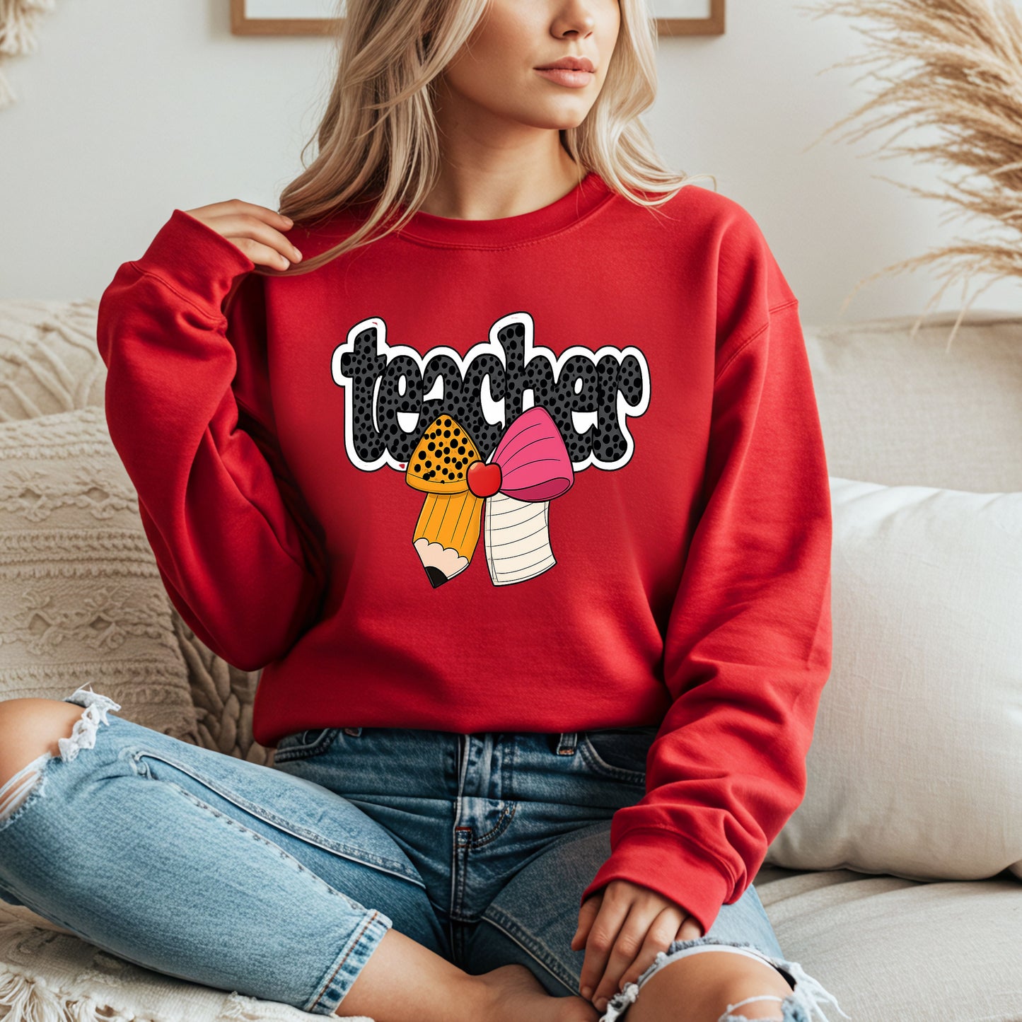 Cute Teacher Sweatshirt with Pencil Bow Graphic for Women – Back to School Teacher Crewneck Gift – Comfy Teacher Appreciation Shirt