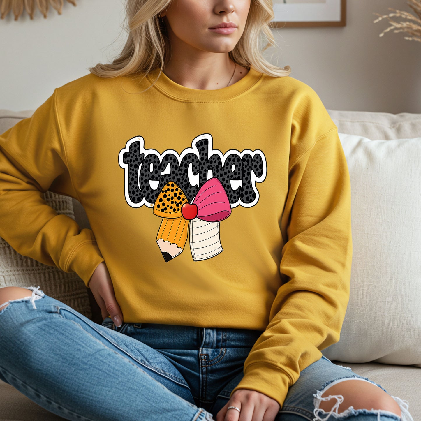 Cute Teacher Sweatshirt with Pencil Bow Graphic for Women – Back to School Teacher Crewneck Gift – Comfy Teacher Appreciation Shirt