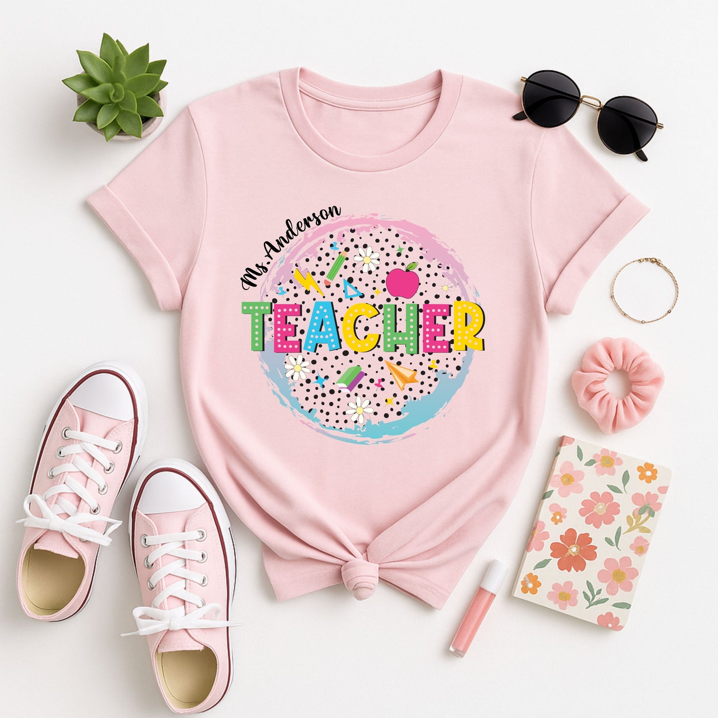 Personalized Teacher Shirt with Name | Custom Teacher Graphic Tee with Colorful School Design | Back to School Gift for Educators