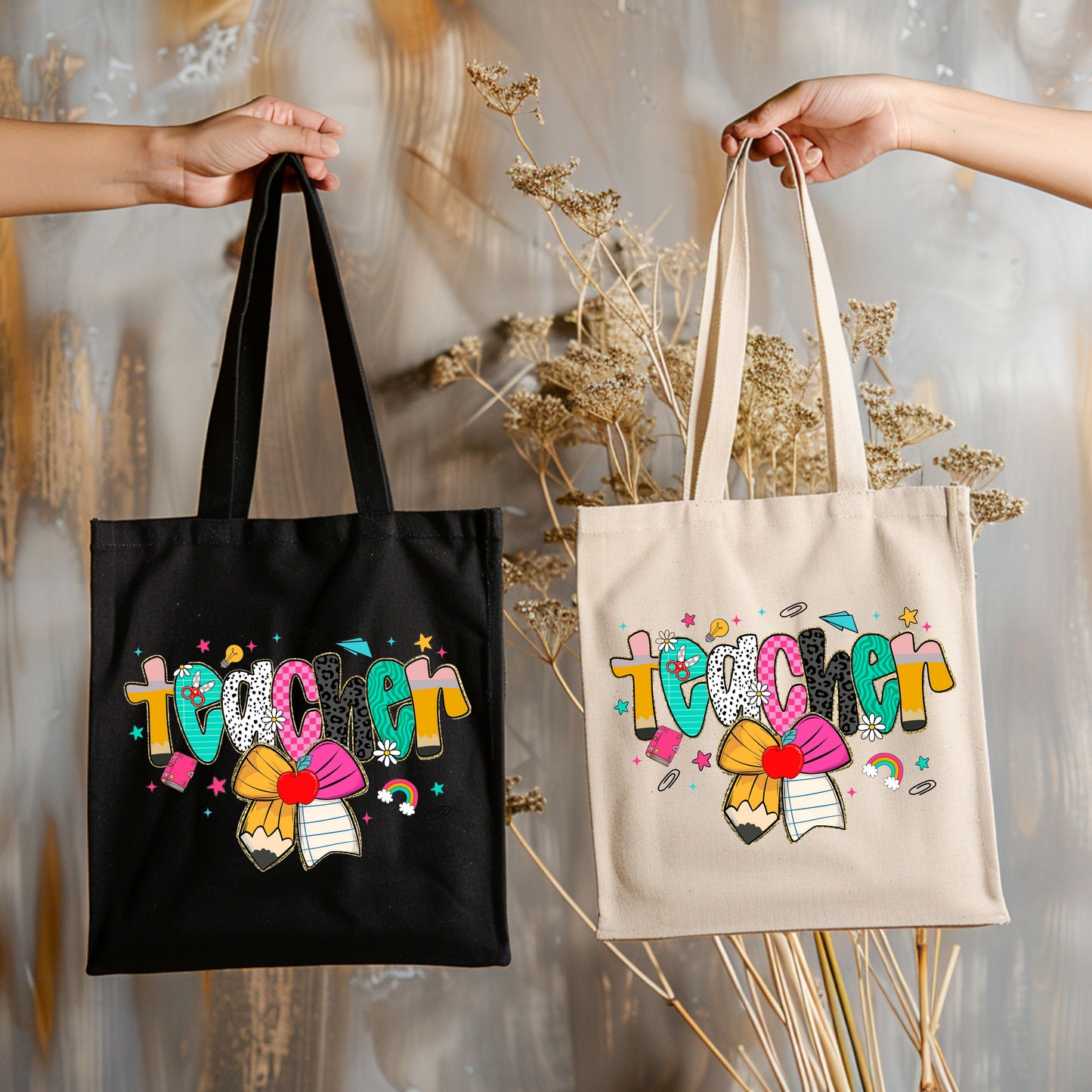 Colorful Teacher Tote Bag with Pencil, Apple Bow Design, Cute Canvas Gift for Educators, Back to School Teacher Appreciation Bag