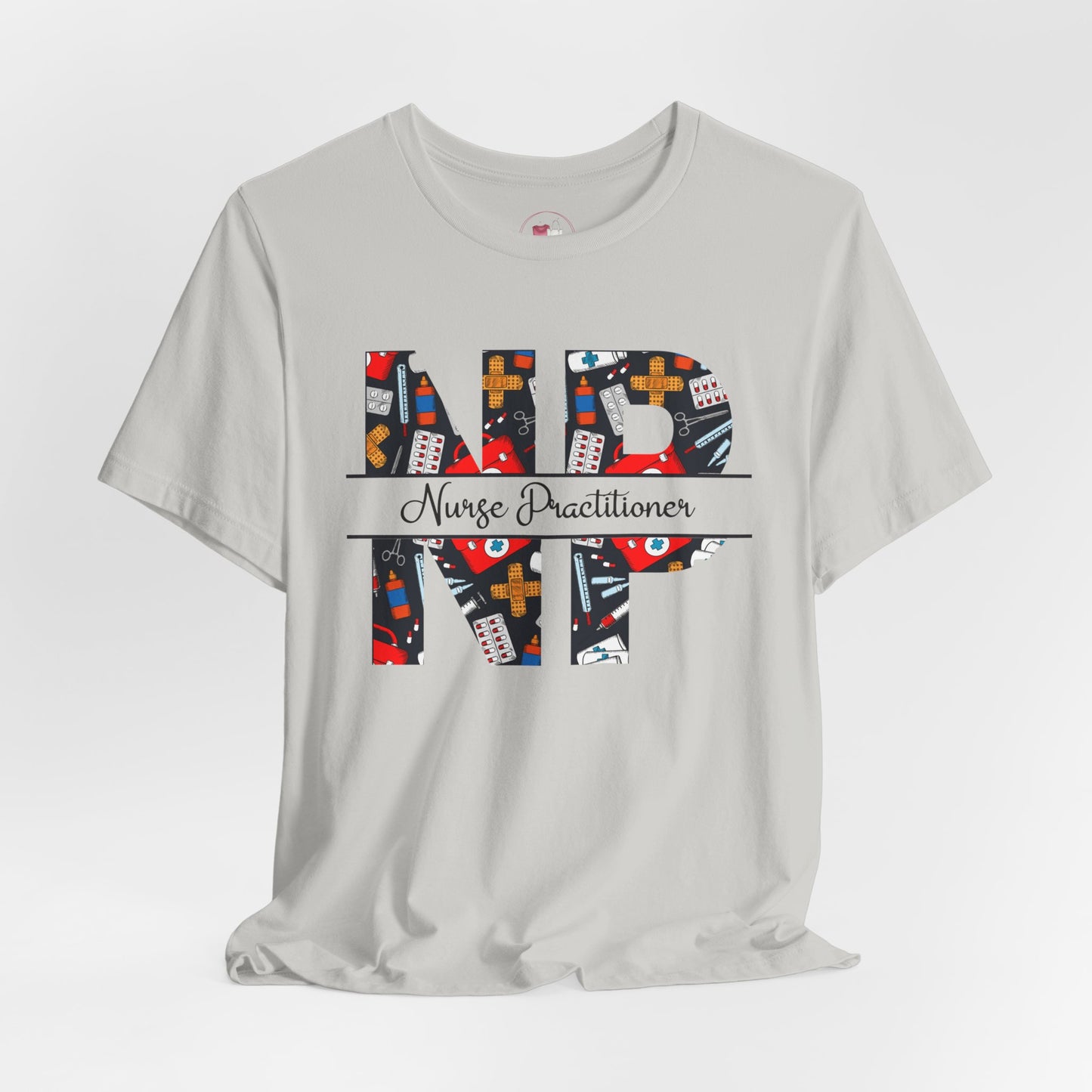 Gray t-shirt with colorful 'Nurse Practitioner' design on a white background