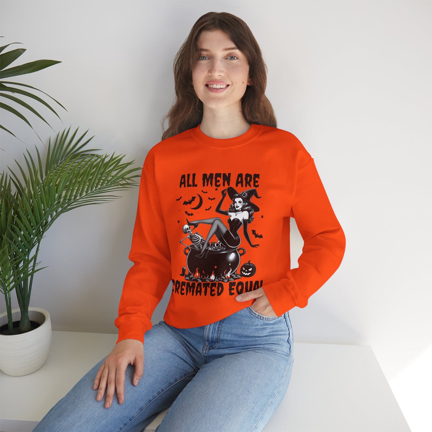 Funny Halloween Witch Shirt for Women, All Men Are Cremated Equal Vintage Pinup Graphic Tee, Halloween Witch Sweatshirt, Cozy Unisex Pullover, Fall Fashion, Halloween Gift, Creepy Cute Apparel