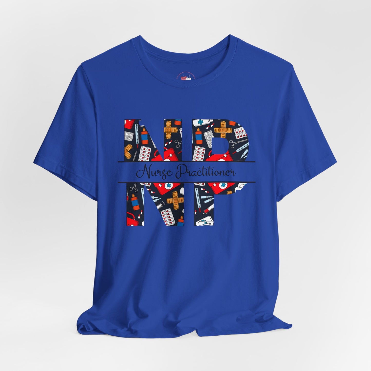Dark Blue t-shirt with colorful 'NP' Nurse Practitioner' design on a light gray background