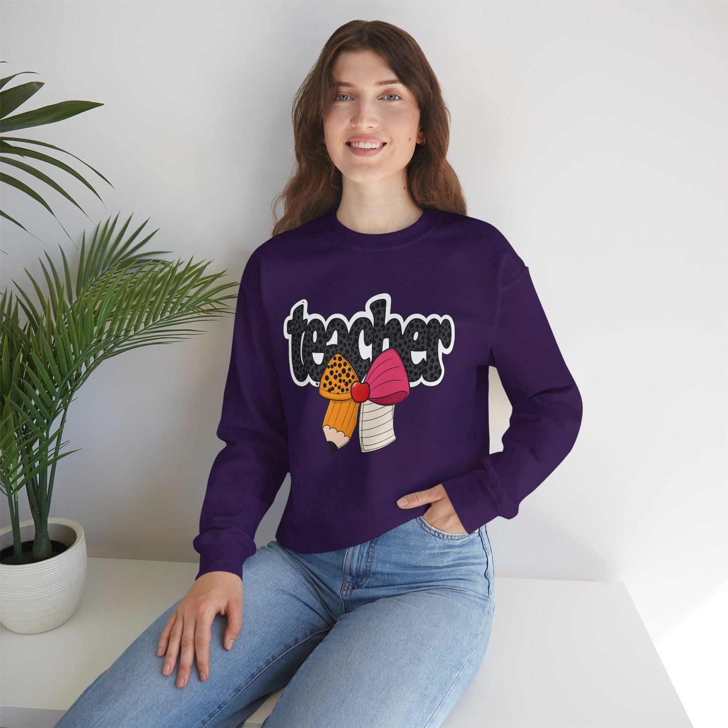 Cute Teacher Sweatshirt with Pencil Bow Graphic for Women – Back to School Teacher Crewneck Gift – Comfy Teacher Appreciation Shirt