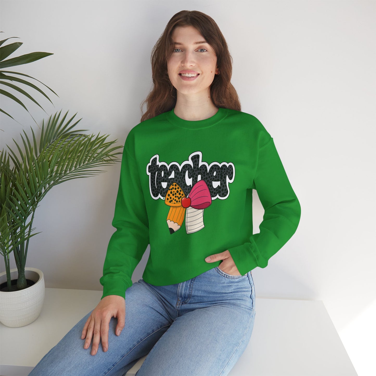 Cute Teacher Sweatshirt with Pencil Bow Graphic for Women – Back to School Teacher Crewneck Gift – Comfy Teacher Appreciation Shirt