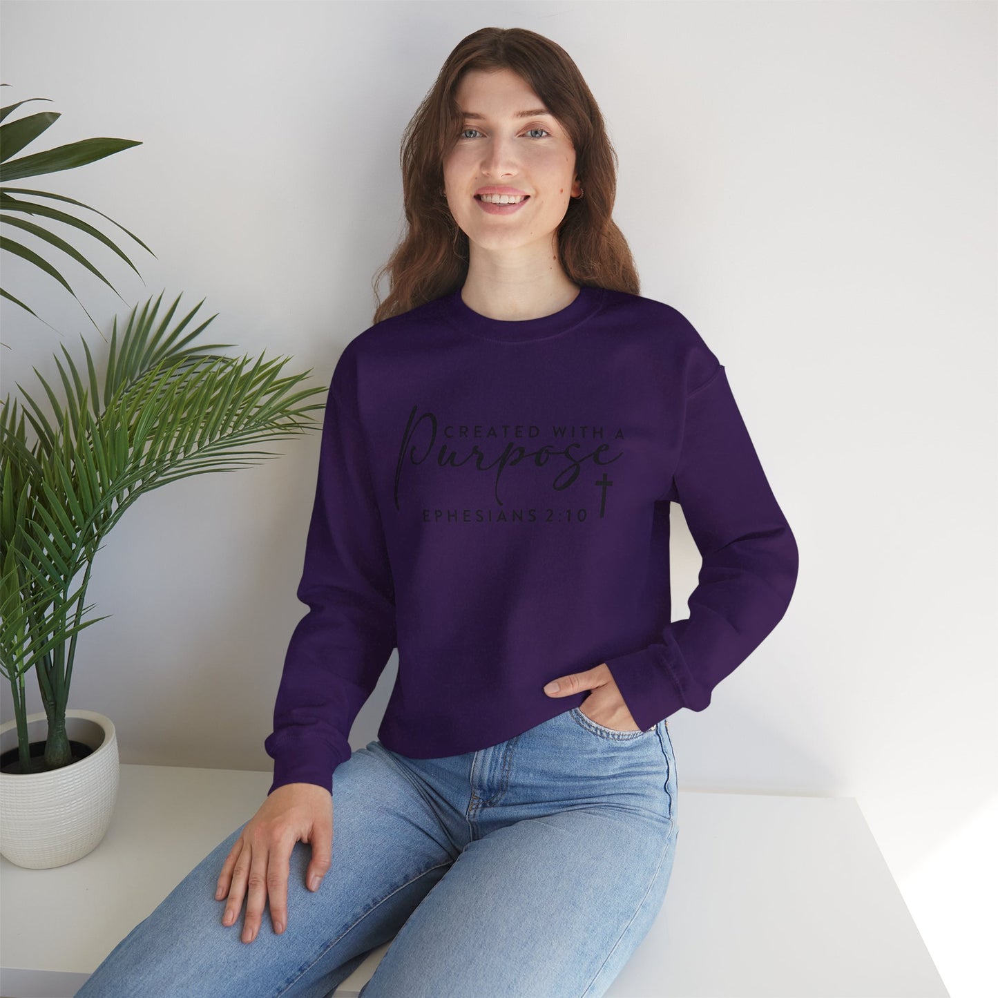 Christian Sweatshirt Created With A Purpose Ephesians 2:10 Scripture Pullover Faith Based Bible Verse Sweater Religious Gift Unisex