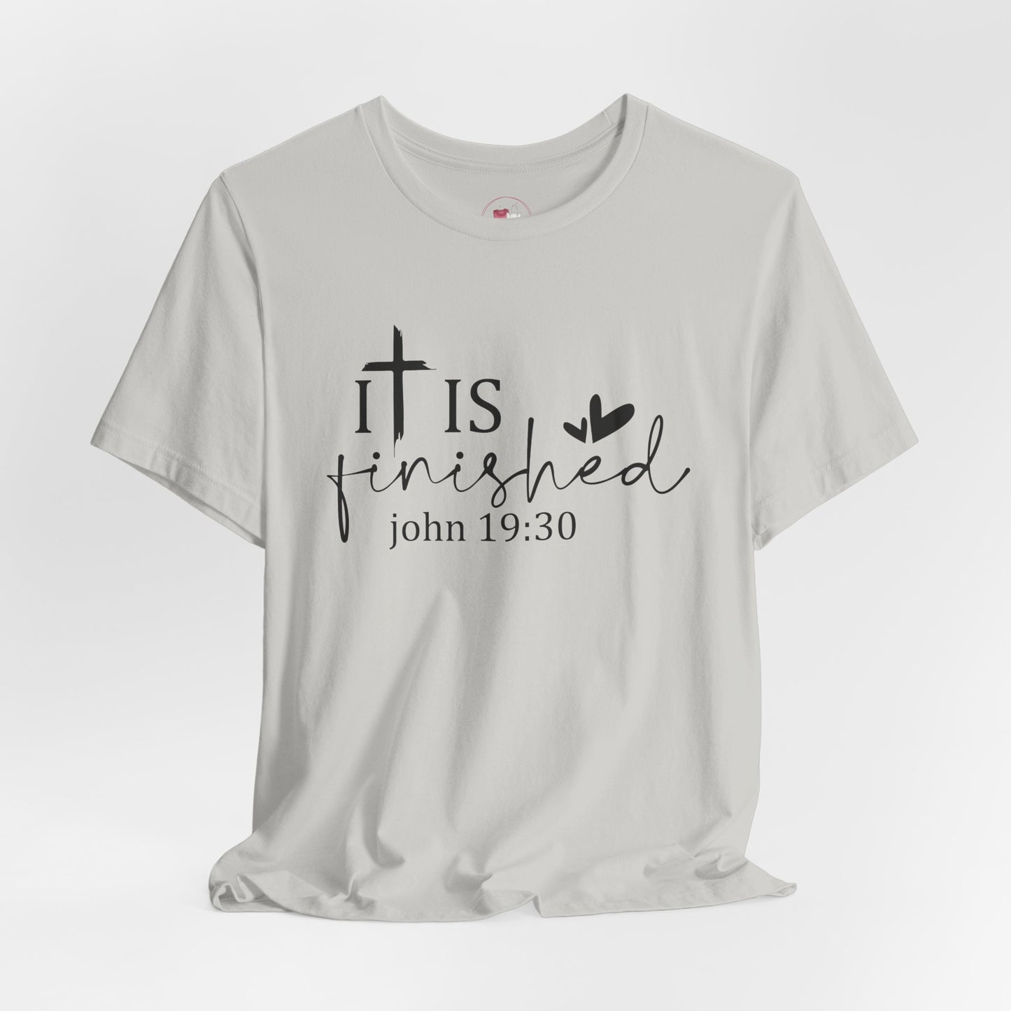 Gray t-shirt with 'It is finished' text and cross design on a white background, religious shirt