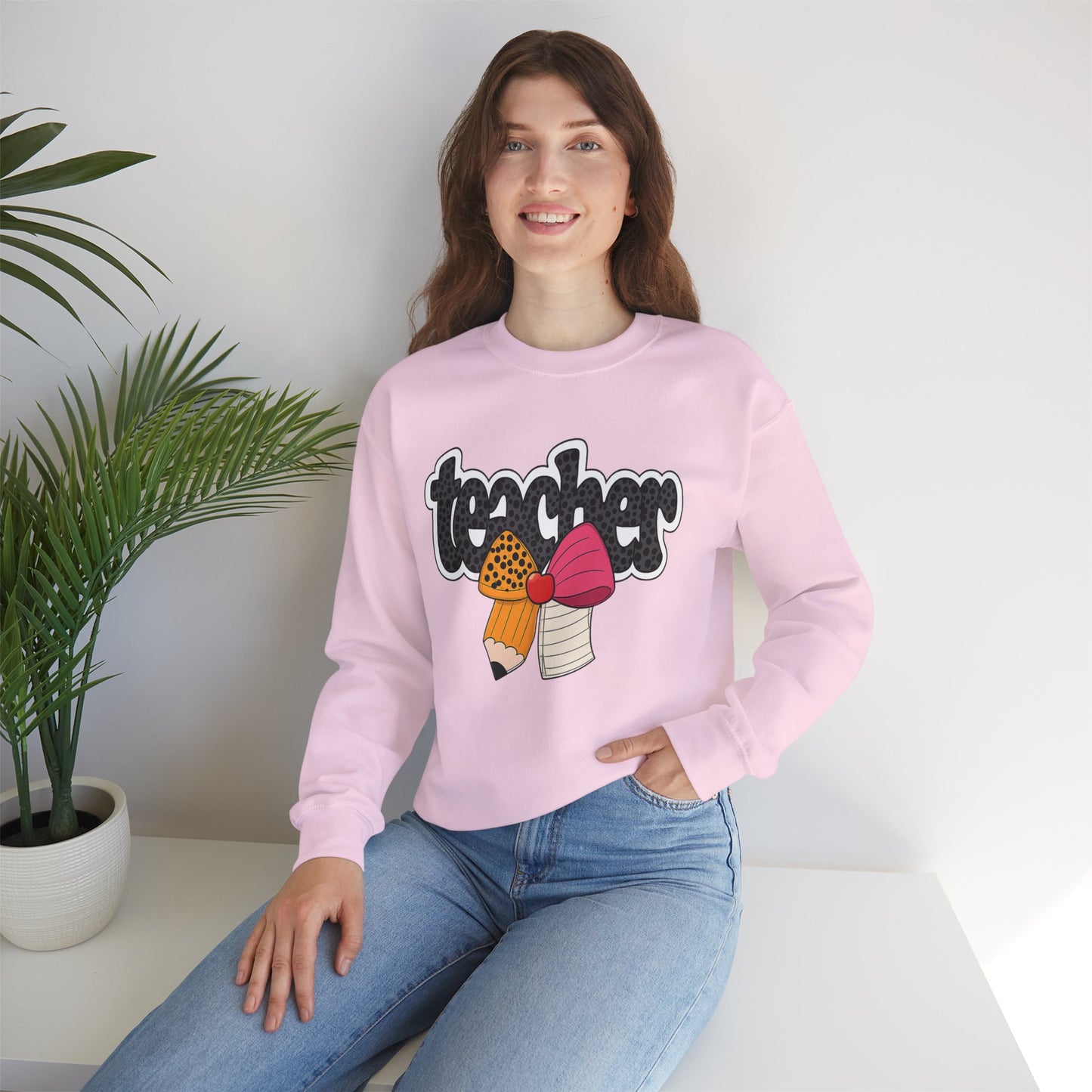 Cute Teacher Sweatshirt with Pencil Bow Graphic for Women – Back to School Teacher Crewneck Gift – Comfy Teacher Appreciation Shirt