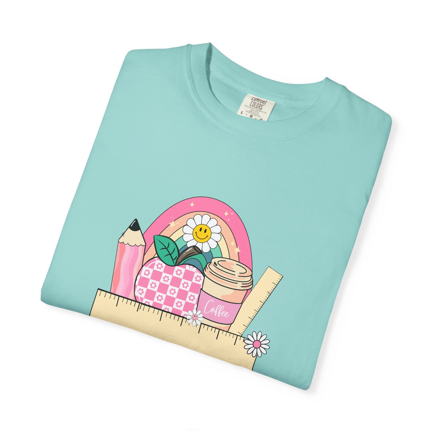 Personalized Teacher Shirt with Coffee Cup Pencil Ruler Apple and Rainbow, Back to School Cute Teacher Gift, Graphic Tee for Educators, Inspirational Casual Top