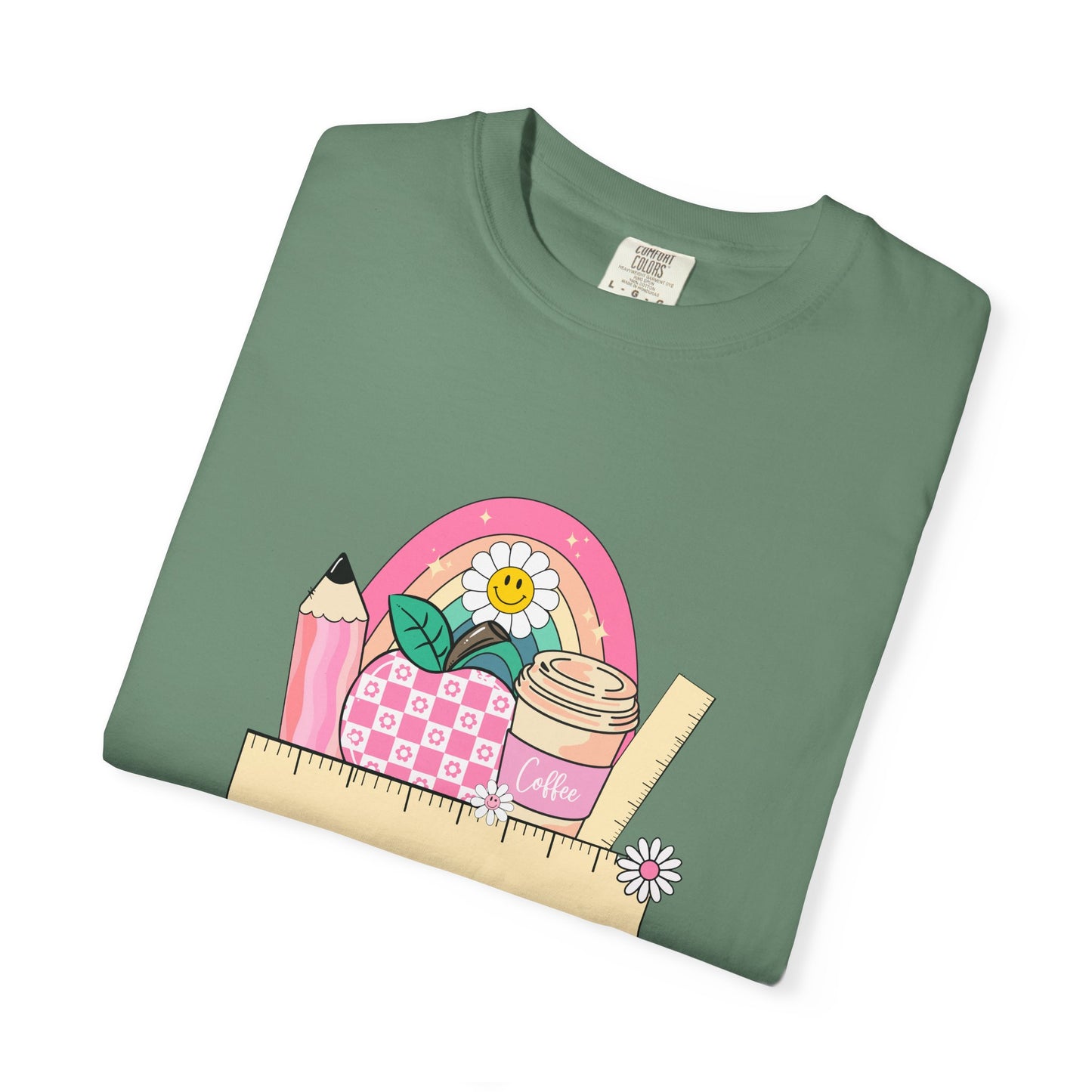 Personalized Teacher Shirt with Coffee Cup Pencil Ruler Apple and Rainbow, Back to School Cute Teacher Gift, Graphic Tee for Educators, Inspirational Casual Top