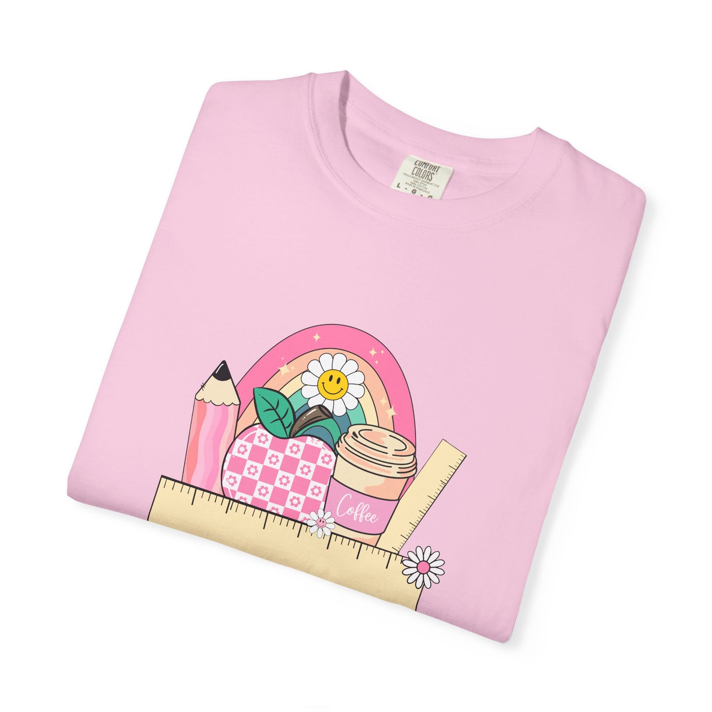 Personalized Teacher Shirt with Coffee Cup Pencil Ruler Apple and Rainbow, Back to School Cute Teacher Gift, Graphic Tee for Educators, Inspirational Casual Top