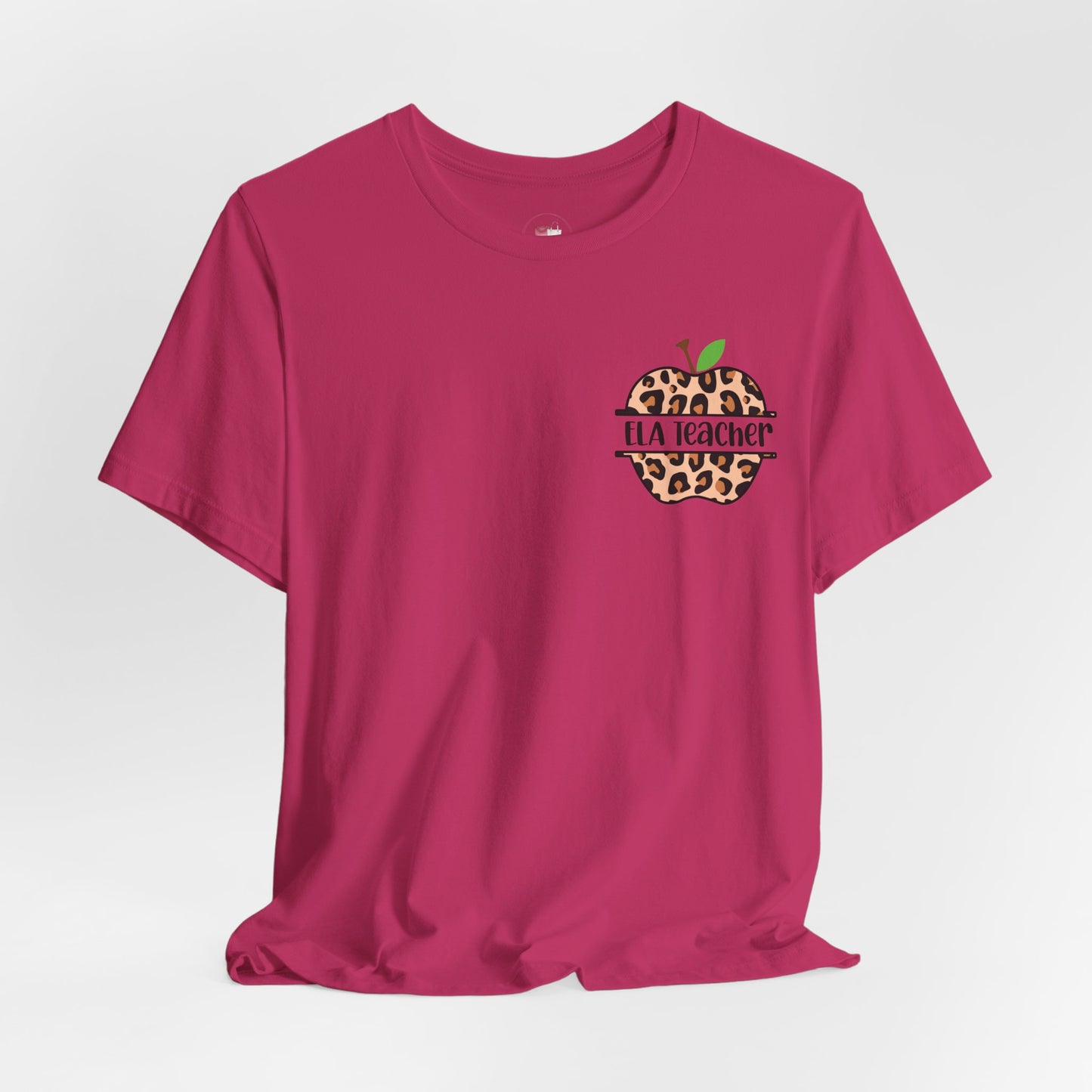 Personalized ELA Teacher Leopard Print Tee, Unisex Short Sleeve Shirt for women, Gifts for Educators, Back to School Apparel, Apple T-shirt, Classroom Outfit