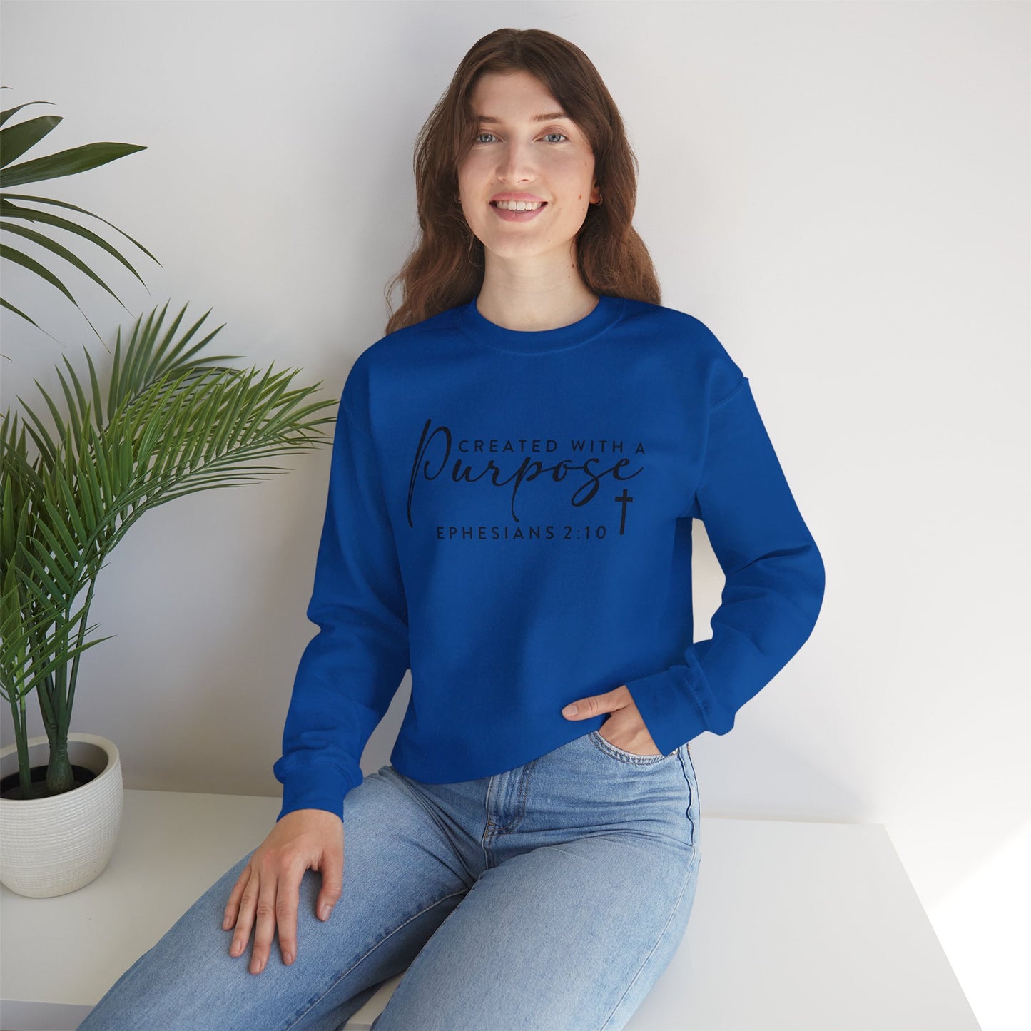 Christian Sweatshirt Created With A Purpose Ephesians 2:10 Scripture Pullover Faith Based Bible Verse Sweater Religious Gift Unisex