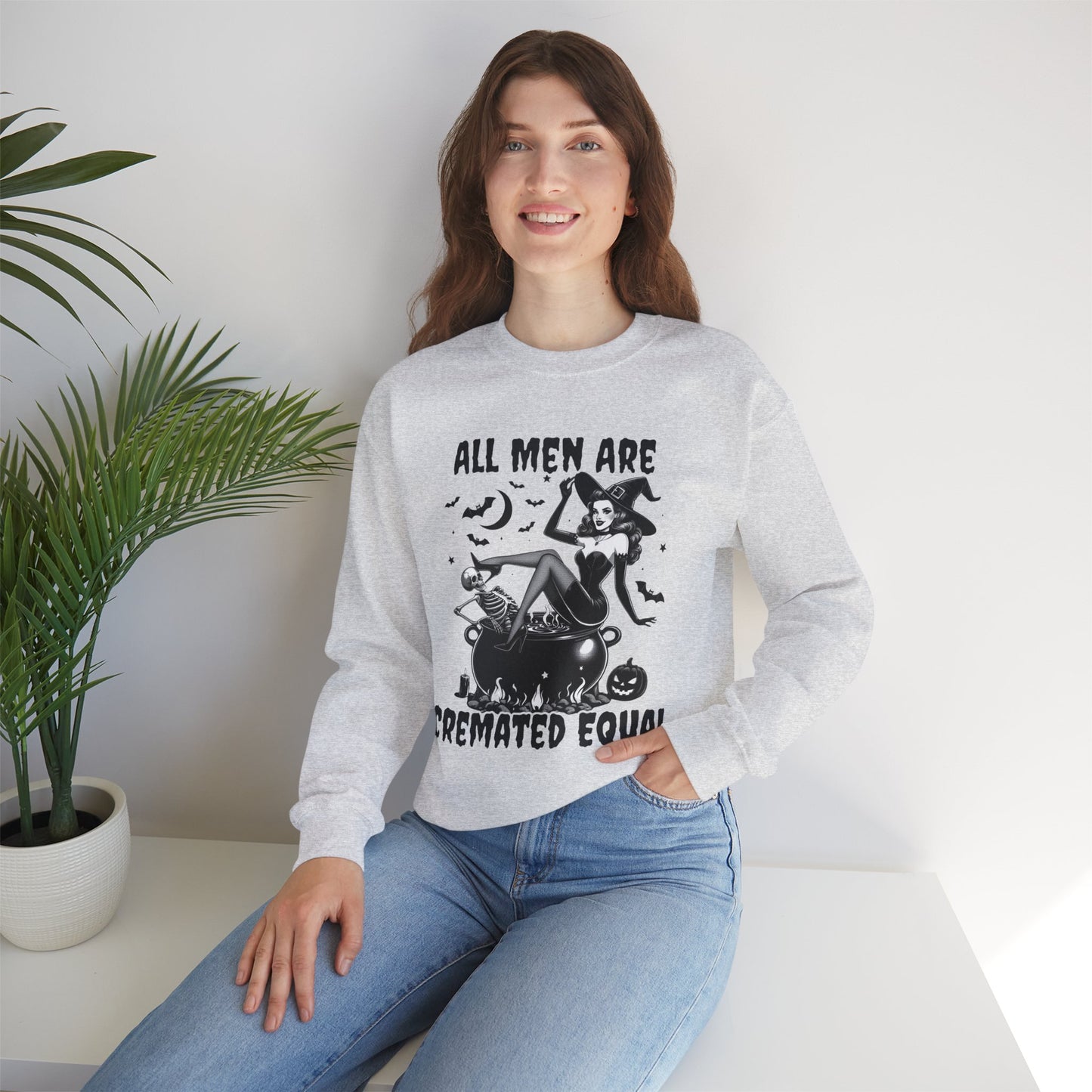 Funny Halloween Witch Shirt for Women, All Men Are Cremated Equal Vintage Pinup Graphic Tee, Halloween Witch Sweatshirt, Cozy Unisex Pullover, Fall Fashion, Halloween Gift, Creepy Cute Apparel