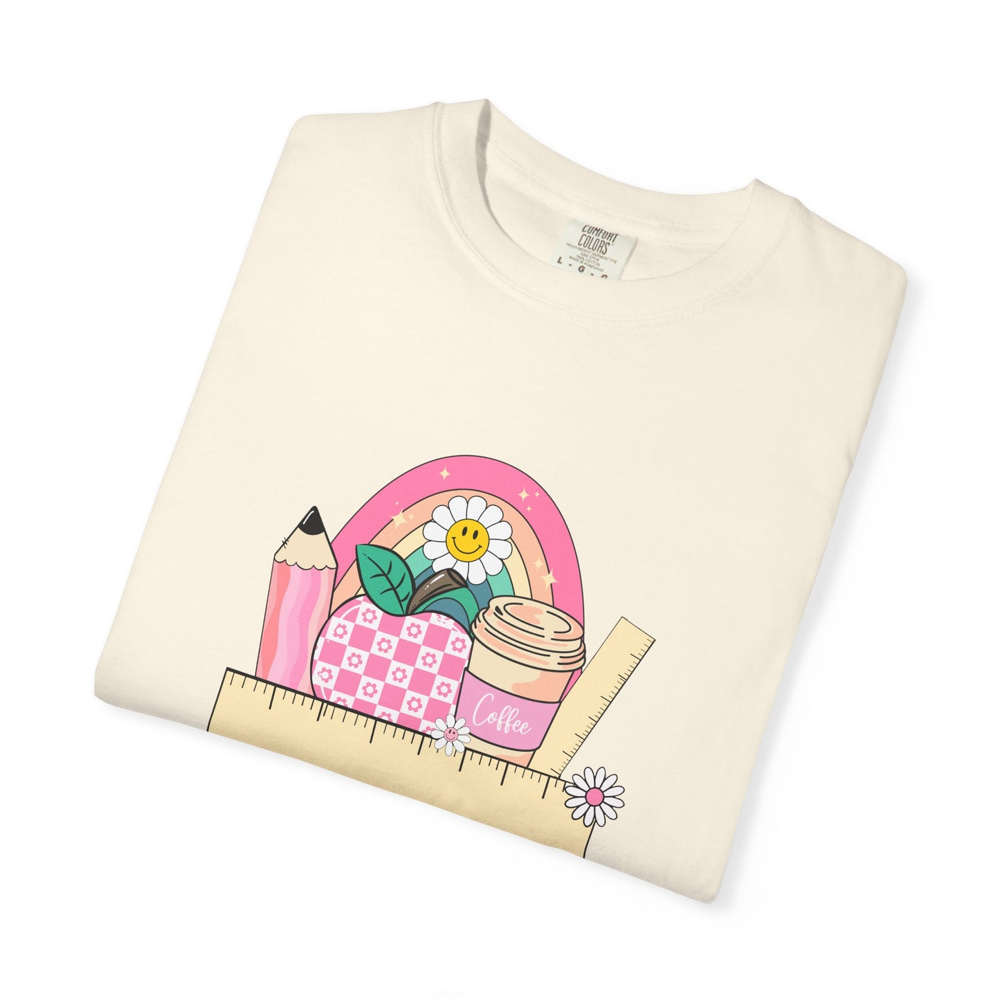 Personalized Teacher Shirt with Coffee Cup Pencil Ruler Apple and Rainbow, Back to School Cute Teacher Gift, Graphic Tee for Educators, Inspirational Casual Top