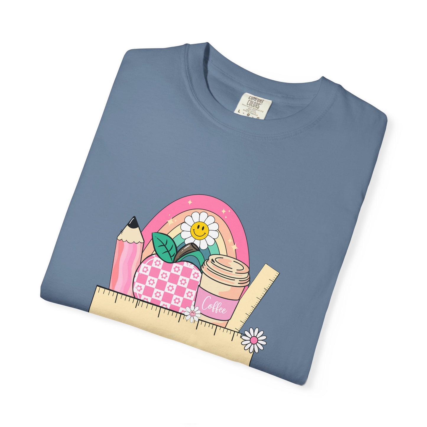 Personalized Teacher Shirt with Coffee Cup Pencil Ruler Apple and Rainbow, Back to School Cute Teacher Gift, Graphic Tee for Educators, Inspirational Casual Top
