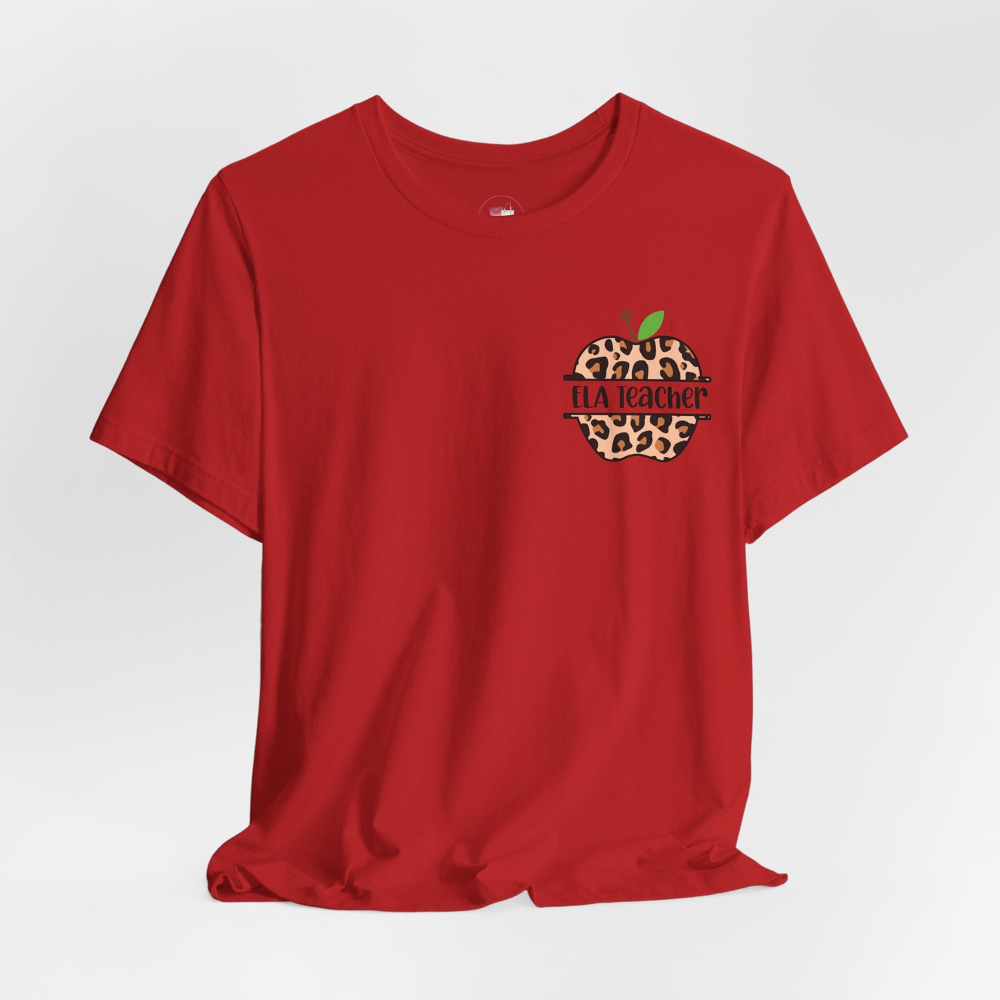 Personalized ELA Teacher Leopard Print Tee, Unisex Short Sleeve Shirt for women, Gifts for Educators, Back to School Apparel, Apple T-shirt, Classroom Outfit