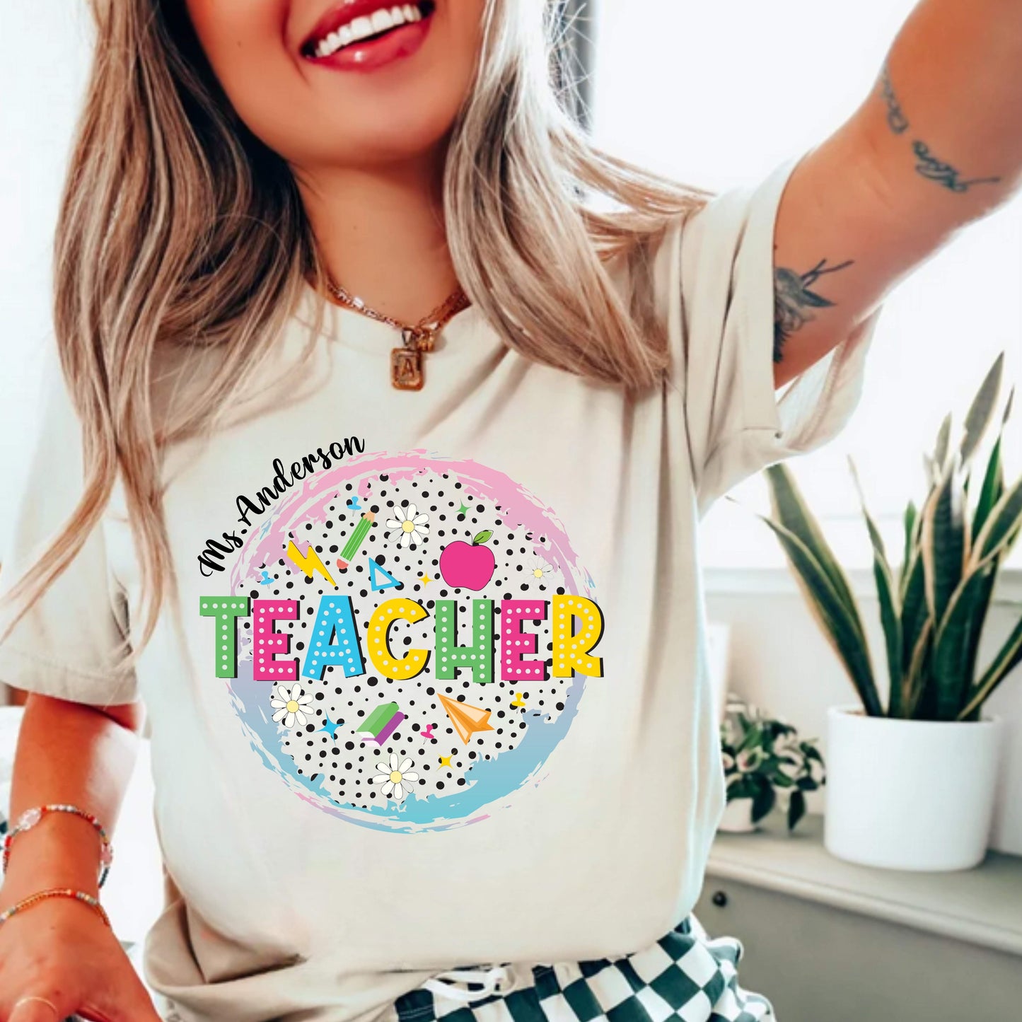 Personalized Teacher Shirt with Name | Custom Teacher Graphic Tee with Colorful School Design | Back to School Gift for Educators