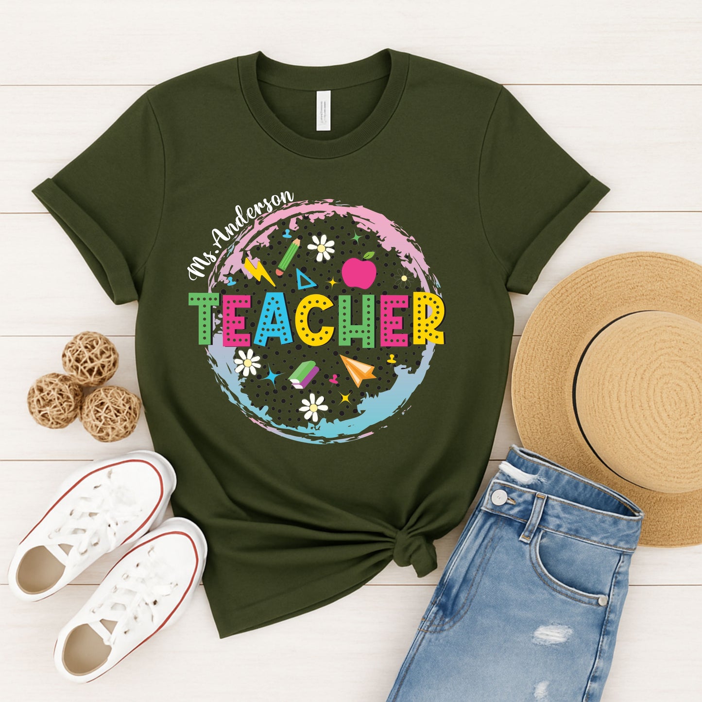 Personalized Teacher Shirt with Name | Custom Teacher Graphic Tee with Colorful School Design | Back to School Gift for Educators
