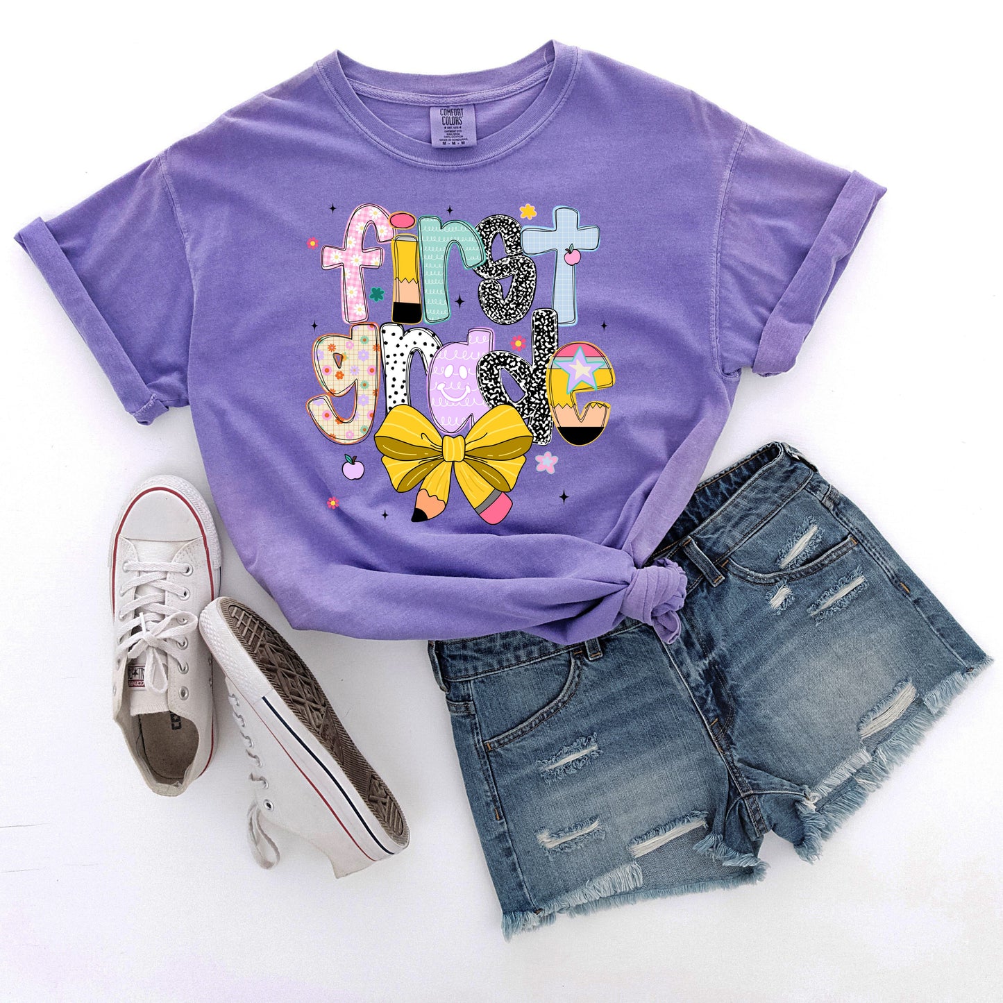 Personalized Back to School Teacher Shirt Pre-K-5th Grade, Cute Pencil Bow Third Grade Tee for Educators, Teacher Gift First Day Outfit