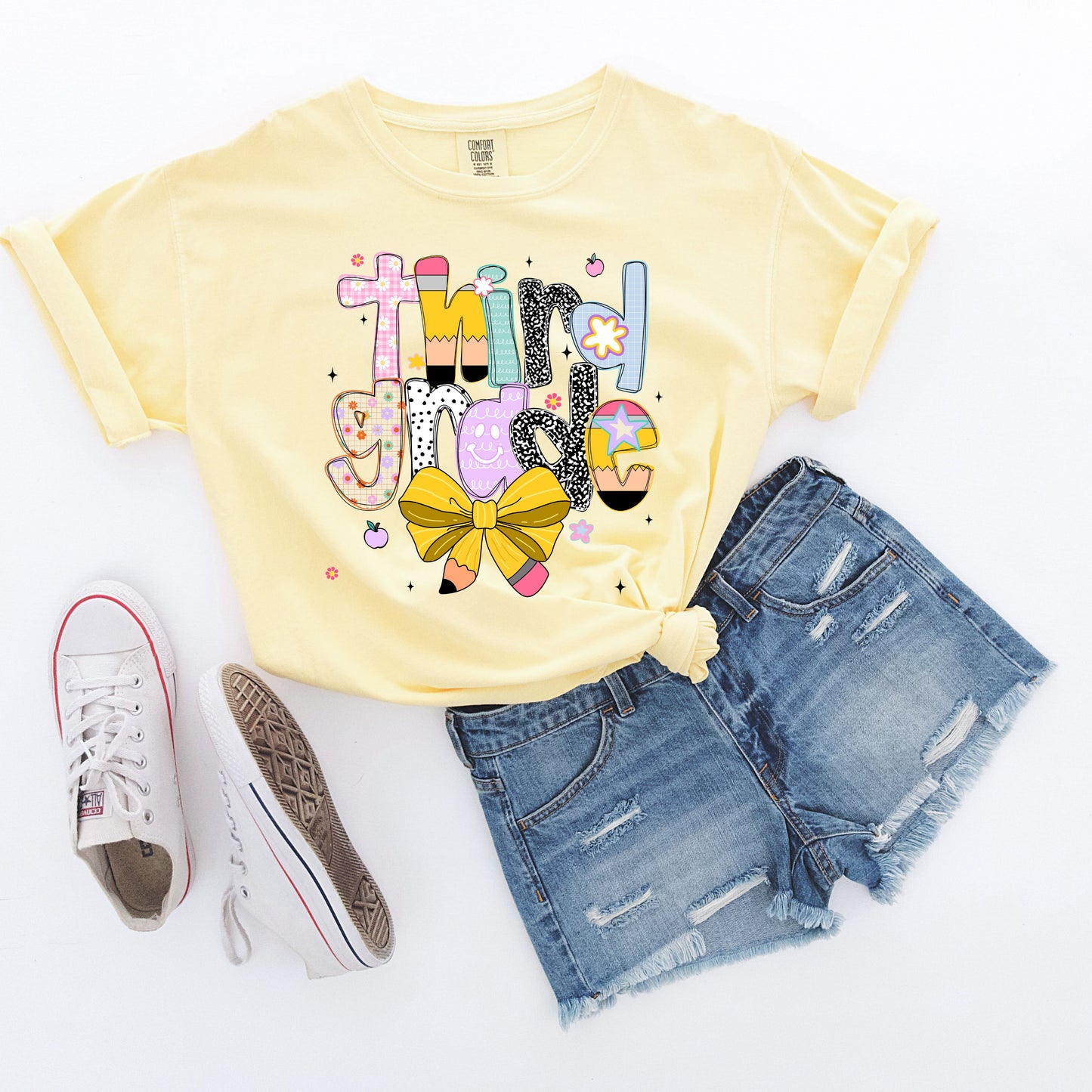 Yellow Third grade teacher/kid tshirt design with bow, back to school, teacher gift, personalized