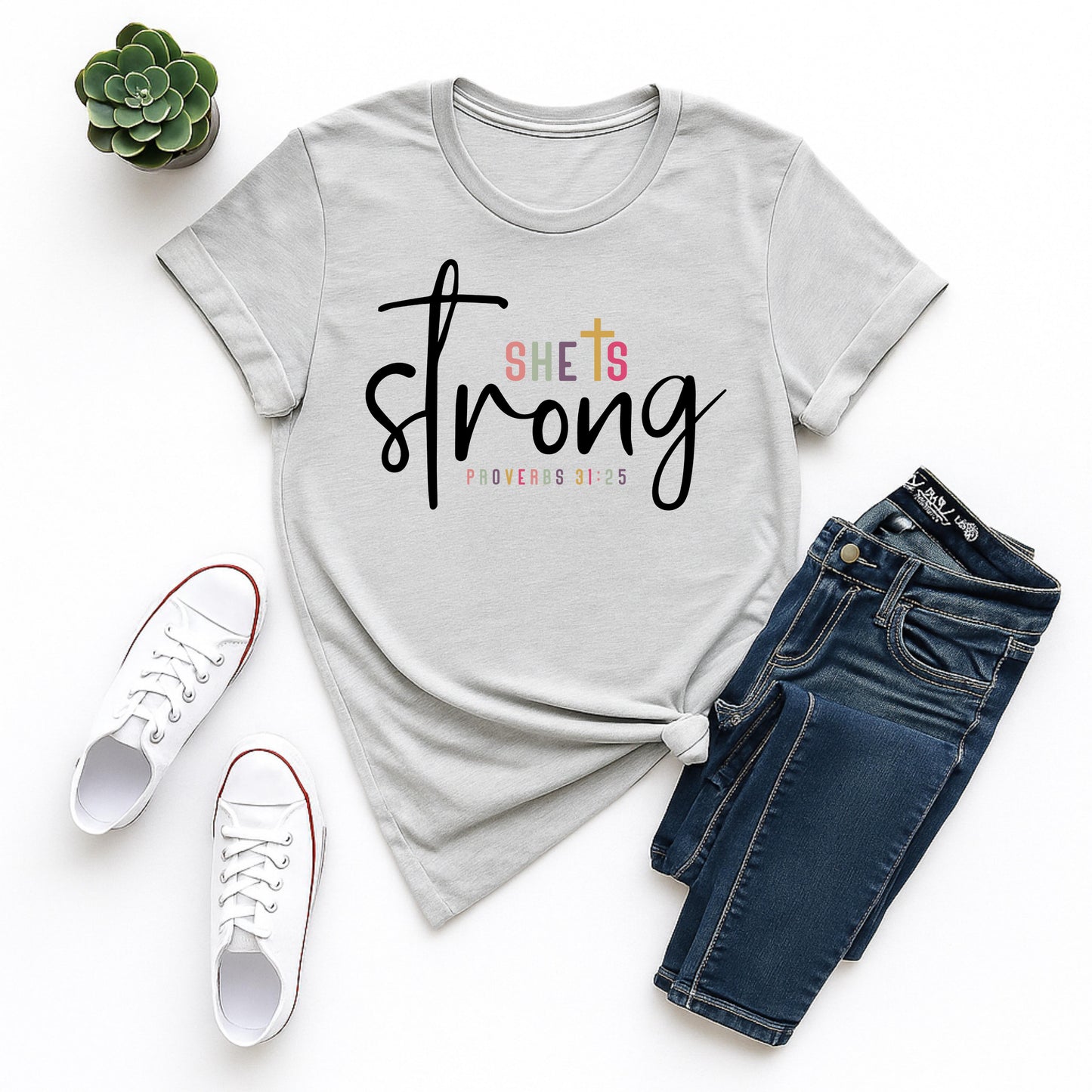 Christian Proverbs 31:25 Shirt, She Is Strong Bible Verse Graphic Tee, Faith Inspirational Religious Gift for Women, Spiritual Christian Apparel Faith Tee