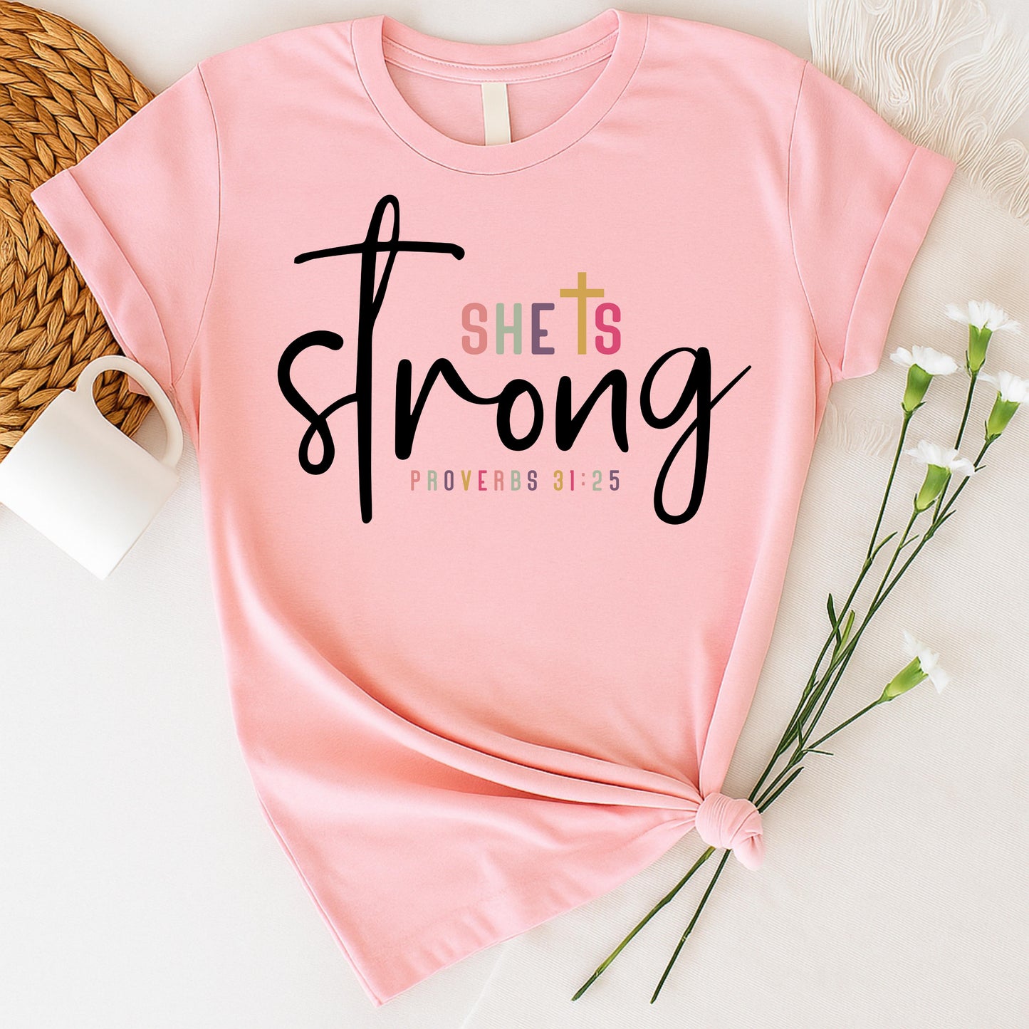Christian Proverbs 31:25 Shirt, She Is Strong Bible Verse Graphic Tee, Faith Inspirational Religious Gift for Women, Spiritual Christian Apparel Faith Tee