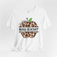 White t-shirt with leopard print apple design and text on a white background