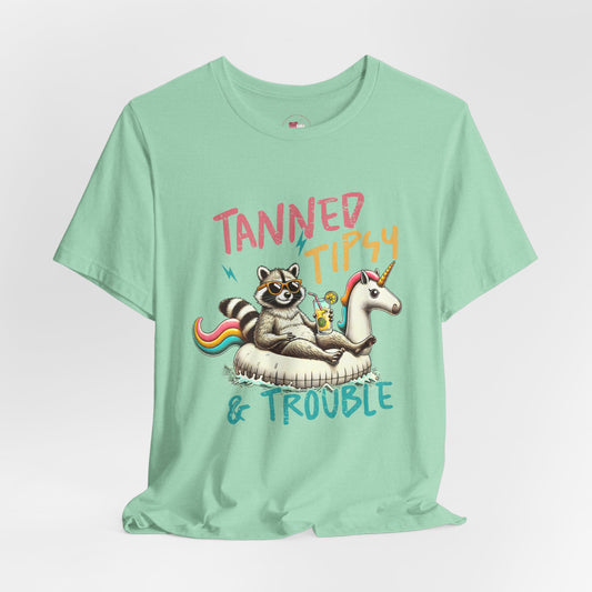 Tanned, Tipsy & Trouble Summer Tee, Fun Casual Wear, Beach Party Shirt, Unicorn Theme Gift, Playful Vacation Outfit