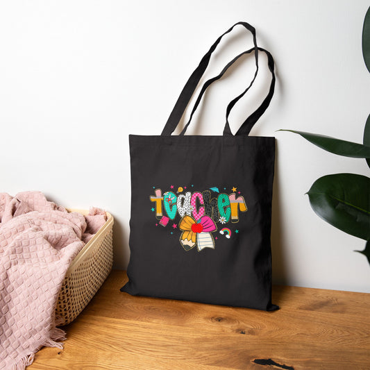Colorful Teacher Tote Bag with Pencil, Apple Bow Design, Cute Canvas Gift for Educators, Back to School Teacher Appreciation Bag