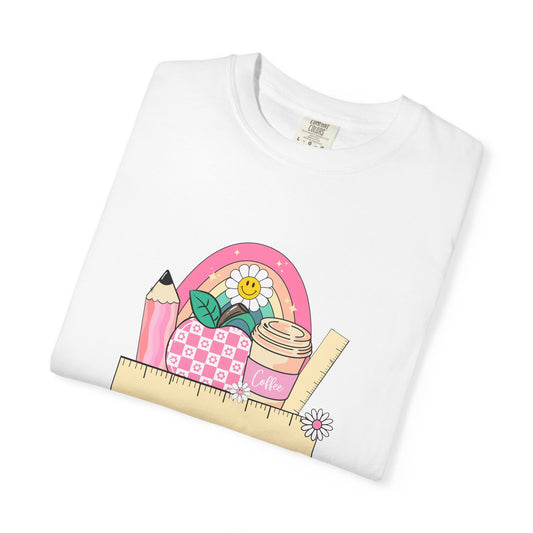 Personalized Teacher Shirt with Coffee Cup Pencil Ruler Apple and Rainbow, Back to School Cute Teacher Gift, Graphic Tee for Educators, Inspirational Casual Top
