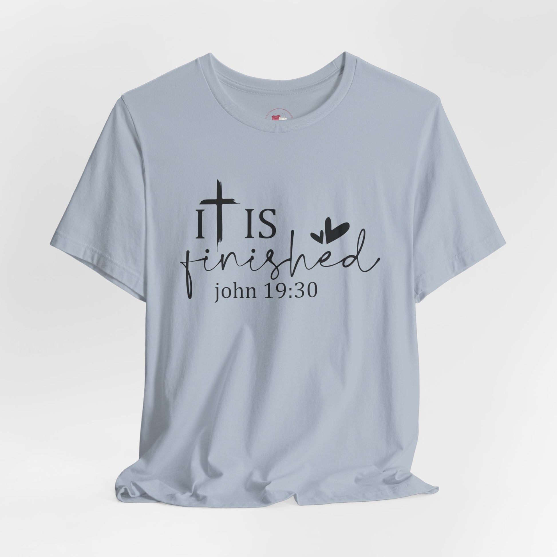 Baby Blue  t-shirt with 'It is finished' text and cross design on a white background, Bible scripture 