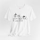 White t-shirt with 'It is finished' text and cross design on a white background