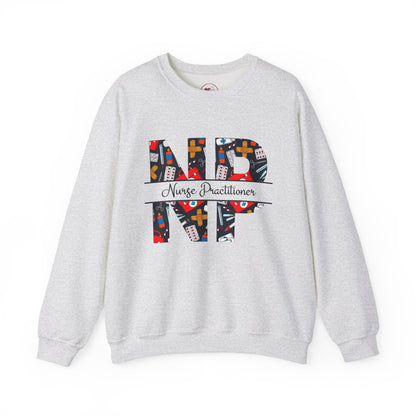 Gray sweatshirt with colorful 'Nurse Practitioner NP' design on a white background