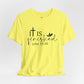 Yellow t-shirt with 'It is finished' text and cross design on a white background, Bible scripture 